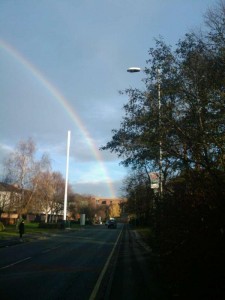 Rainbow over John Ryland University Library, image courtesy of @bethanar