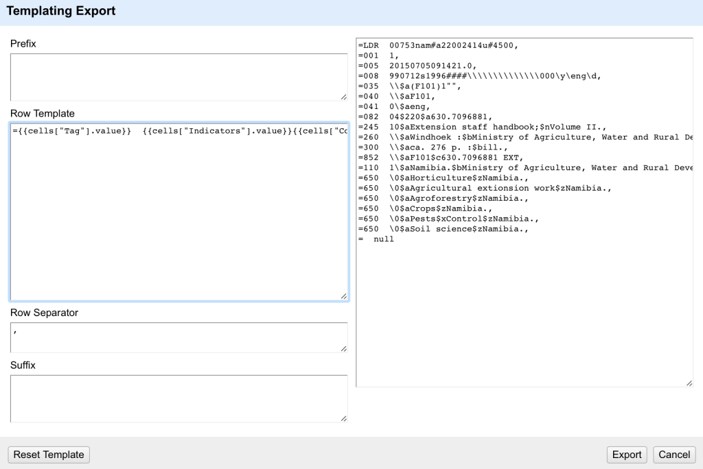 Null field in export template