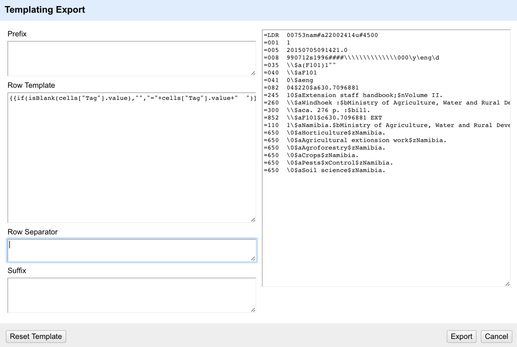 Finalised mnemonic MARC export template